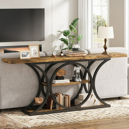 Condemo 63 inch Extra Long Sofa Table Behind Couch, Rustic Industrial Entry Console Table, 3 Tier Storage Shelves with Black Metal Frame for Hallway, Entryway & Living Room, Brown