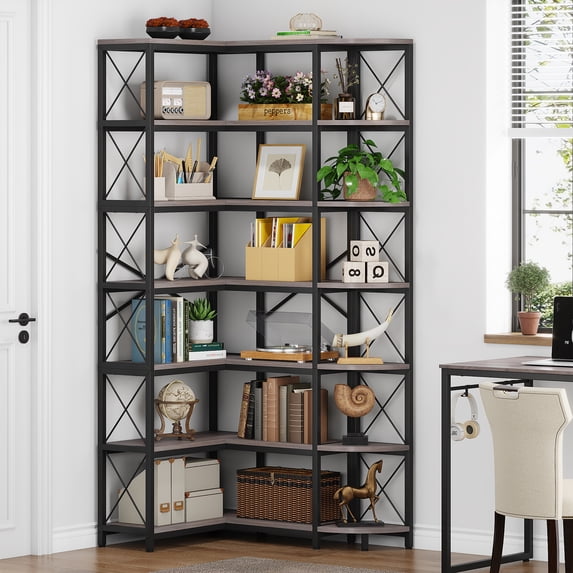 Condemo 7-Shelf Corner Bookshelf, Modern Industrial Tall Bookcase, 7-Tier Large L-Shaped Storage Shelf Display Rack, Gray Brown