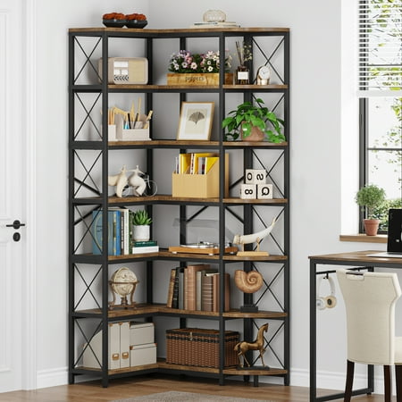 Condemo 7-Shelf Corner Bookshelf, Modern Industrial Tall Bookcase, 7-Tier Large L-Shaped Storage Shelf Display Rack, Rustic Brown