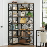 Condemo 7-Shelf Corner Bookshelf, Modern Industrial Tall Bookcase, 7-Tier Large L-Shaped Storage Shelf Display Rack, Rustic Brown