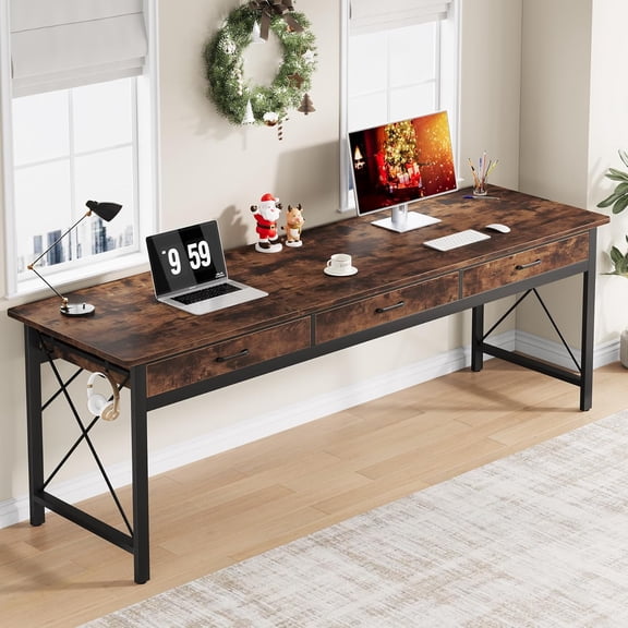 Condemo 78.7 inch Extra Long Computer Desk with 3 Drawers, Two Person Office Desk, Double Desk with Hooks, Industrial Writing Study Table Workstation for Home Office, Rustic Brown and Black