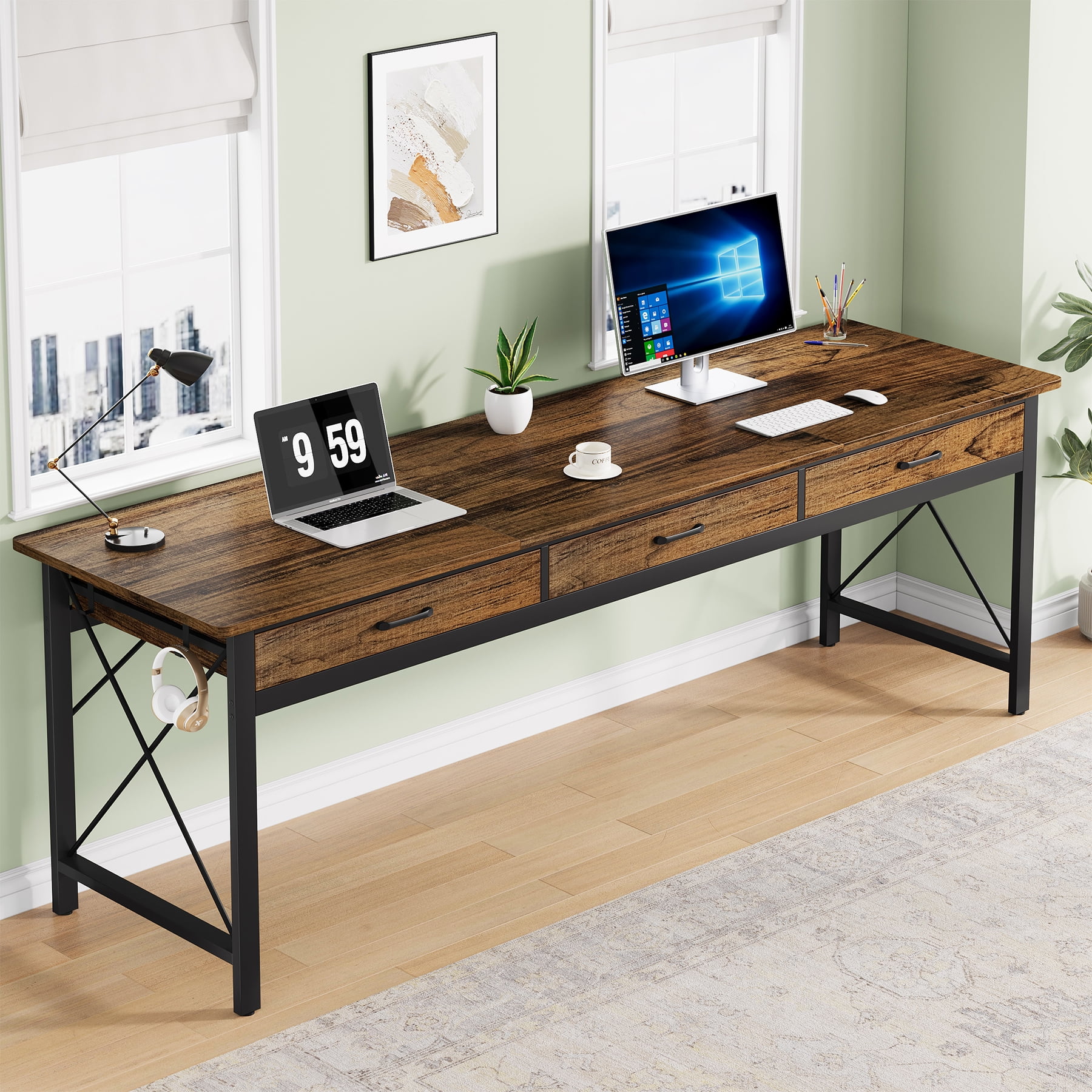 Condemo 78.7 inch Extra Long Computer Desk, Double Desk with 3 Drawers, Two Person Desk with Hooks, Industrial Writing Study Table Workstation for Home Office, Light Brown and Black