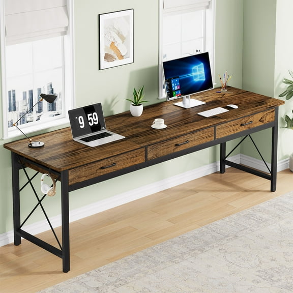 Condemo 78.7 inch Extra Long Computer Desk, Double Desk with 3 Drawers, Two Person Desk with Hooks, Industrial Writing Study Table Workstation for Home Office, Light Brown and Black