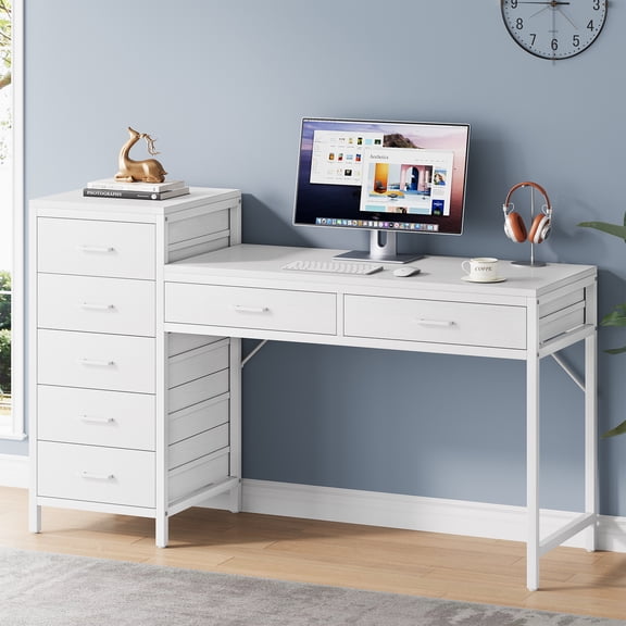 Condemo Computer Desk with 7 Drawers, 55 inch Home Office Desks with Reversible Drawer Printer Stand, Modern Compact Study Writing Table Workstation with Storage for Small Spaces, All White