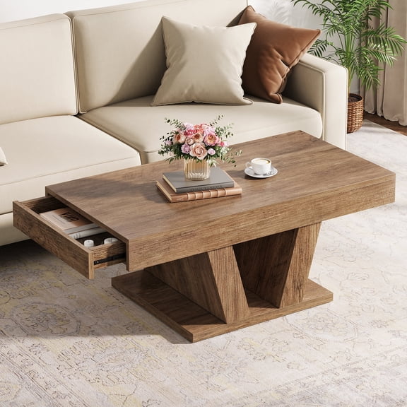 Condemo Farmhouse Coffee Table with 2 Side Drawers, 43 inch Wood Center Tea Table with Hidden Storage, Rectangle Cocktail Table for Living Room, Office, Small Space, Natural