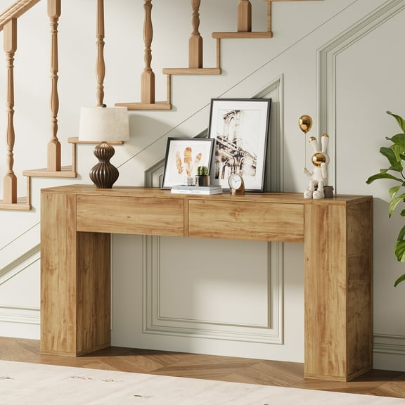 Condemo Farmhouse Console Table with LED Light & 2 Drawers, 55 inch Long Sofa Table Behind Couch, Narrow Entry Table for Entryway, Hallway, Entrance, Living Room (Natural)