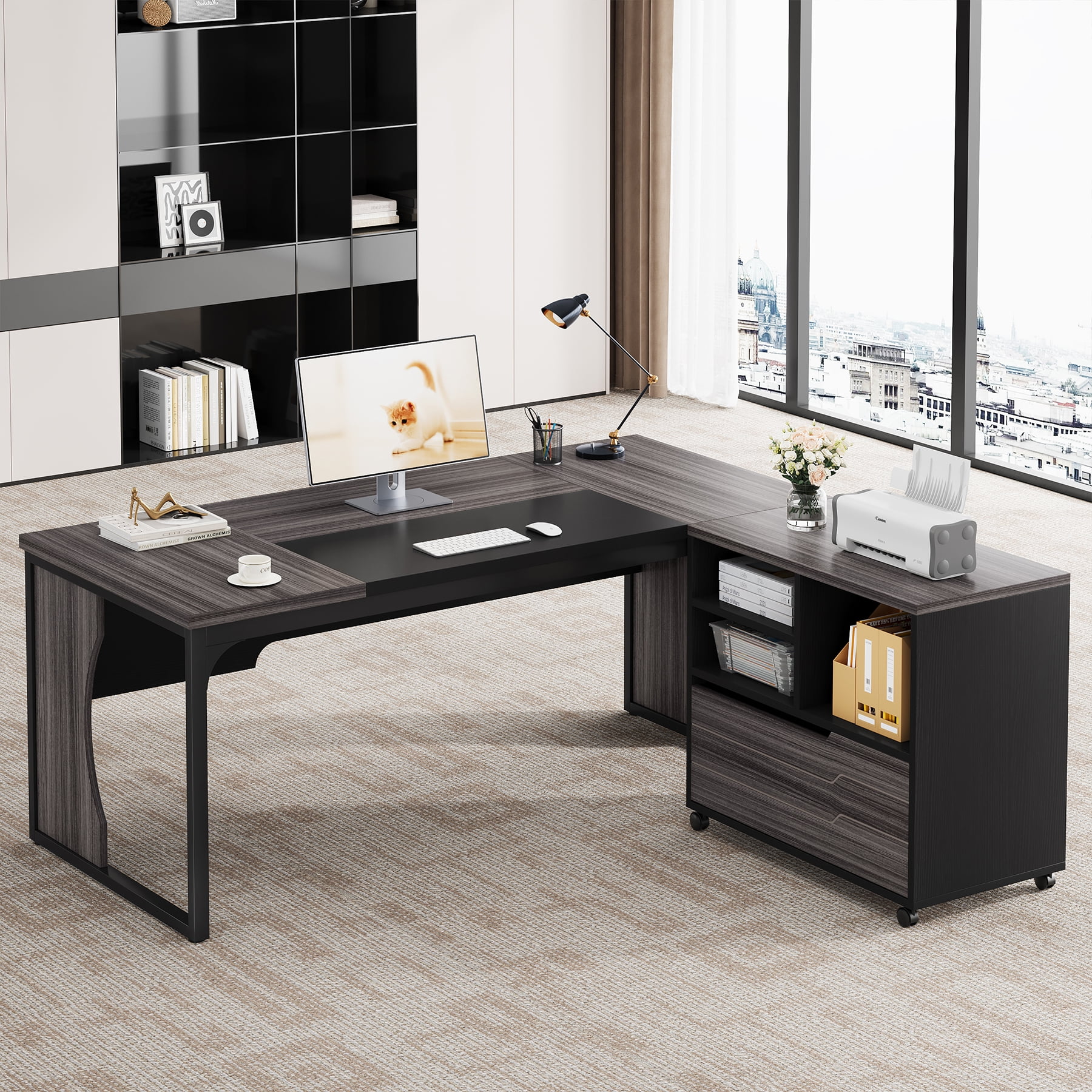 Condemo L Shaped Executive Office Desk with Mobile File Cabinet and LED Light, 63 inch Large Computer Table Business Furniture with Storage and Drawers for Home Office, Gray and Black