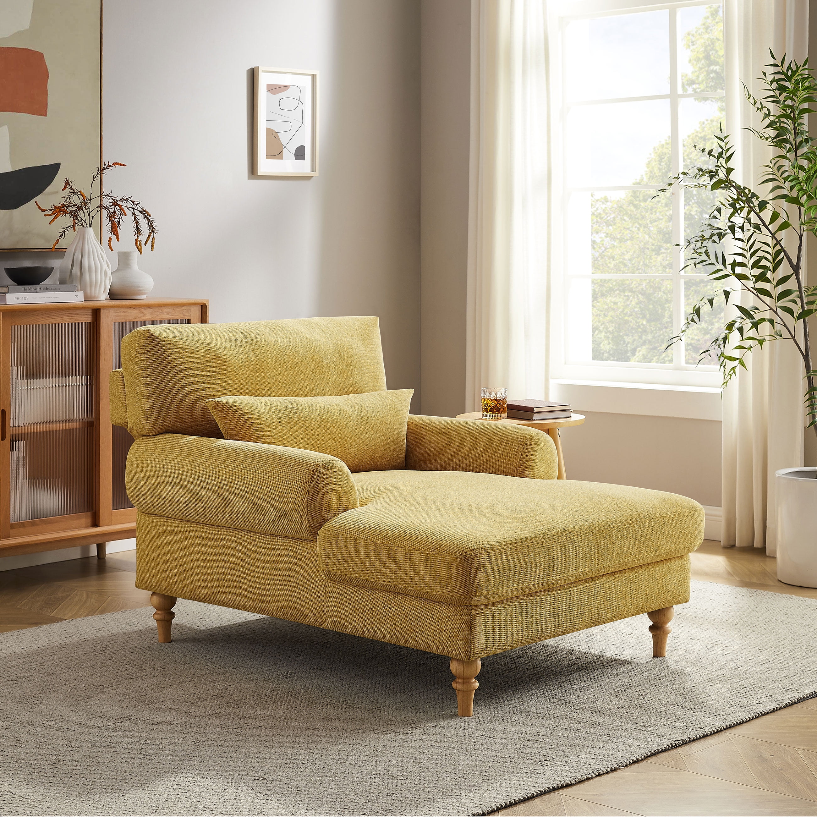 Condemo Modern Linen Fabric Indoor Chaise Lounge Chair, Reading Lounger