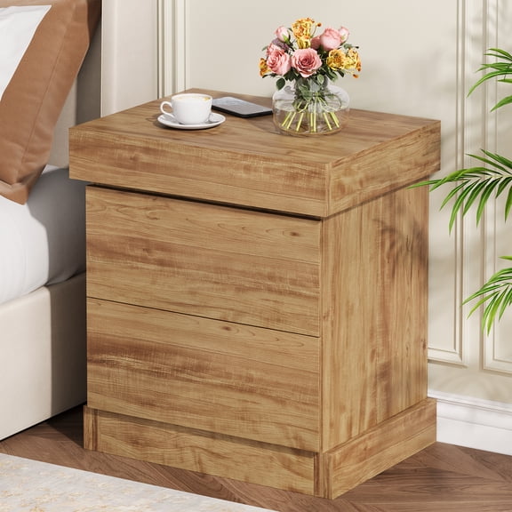 Condemo Nightstand with Gun Drawer, Farmhouse Bedside Table with Sliding Top (Light Brown)