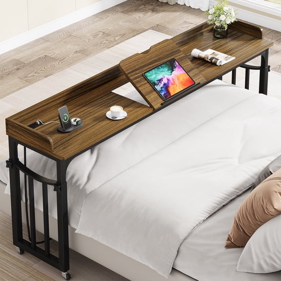 Condemo Overbed Table with Wheels and Height Adjustable, 71 inch Queen Size Bed Table with Adjustable Tilt Board, Mobile Laptop Cart Computer Desk with Outlets & USB Ports, Brown