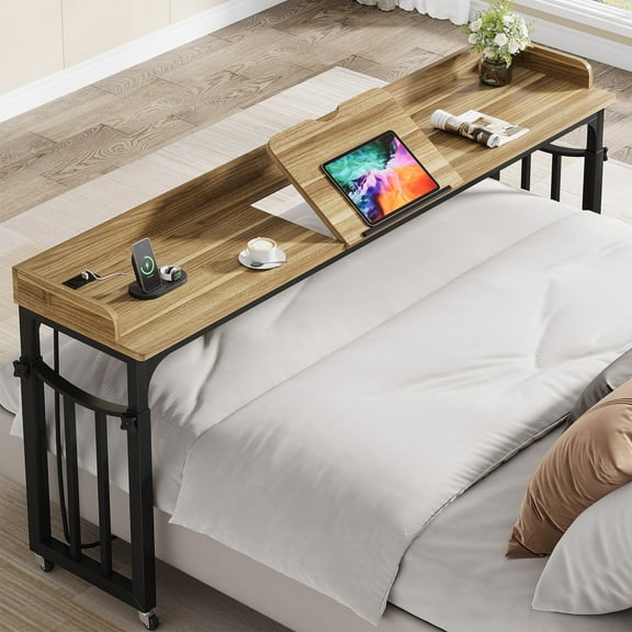 Condemo Overbed Table with Wheels and Height Adjustable, 71 inch Queen Size Bed Table with Adjustable Tilt Board, Mobile Laptop Cart Computer Desk with Outlets & USB Ports, Brown