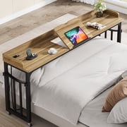 Condemo Overbed Table with Wheels and Height Adjustable, 71 inch Queen Size Bed Table with Adjustable Tilt Board, Mobile Laptop Cart Computer Desk with Outlets & USB Ports, Brown