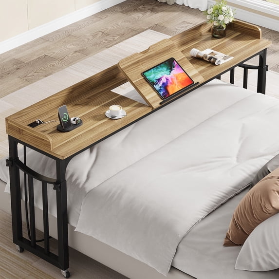 Condemo Overbed Table with Wheels and Height Adjustable, 71 inch Queen Size Bed Table with Adjustable Tilt Board, Mobile Laptop Cart Computer Desk with Outlets & USB Ports, Brown