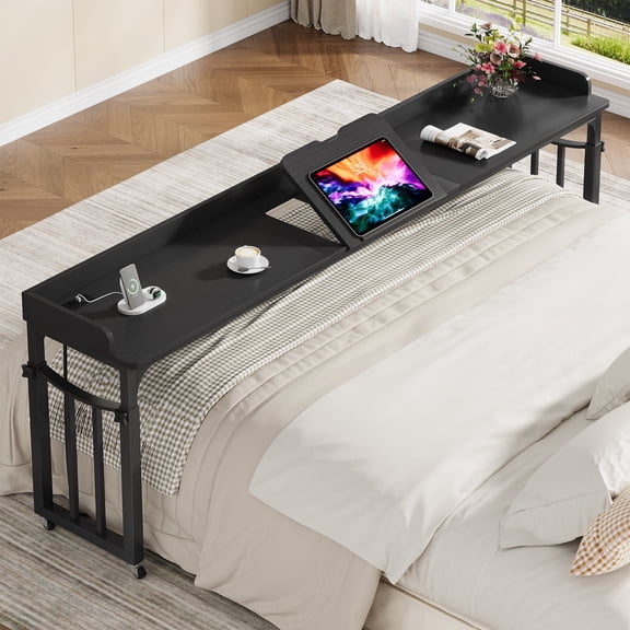 Condemo Overbed Table with Wheels and Height Adjustable, 87 inch King Size Bed Table with Adjustable Tilt Board, Mobile Laptop Cart Computer Desk with Outlets & USB Ports, Black