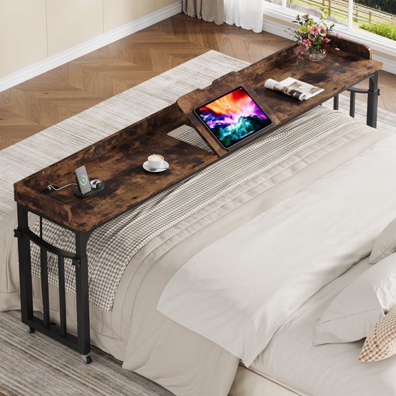 Condemo Overbed Table with Wheels and Height Adjustable, 87 inch King Size Bed Table with Adjustable Tilt Board, Mobile Laptop Cart Computer Desk with Outlets & USB Ports, Dark Brown