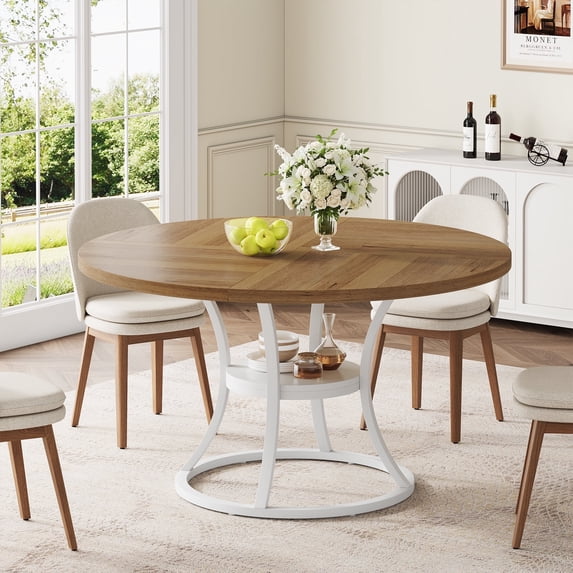 Condemo Round Dining Table for 4–6, 47" Wooden Dining Room Table with Storage Shelf, Light Brown & White