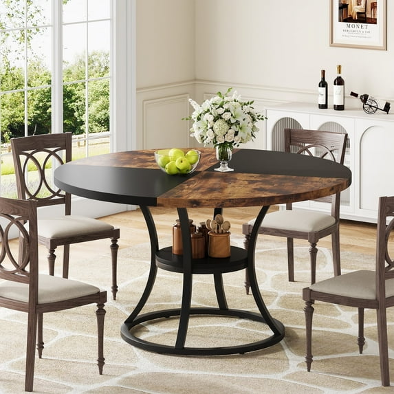 Condemo Round Dining Table for 4–6, 47" Wooden Dining Room Table with Storage Shelf, Rustic Brown Black