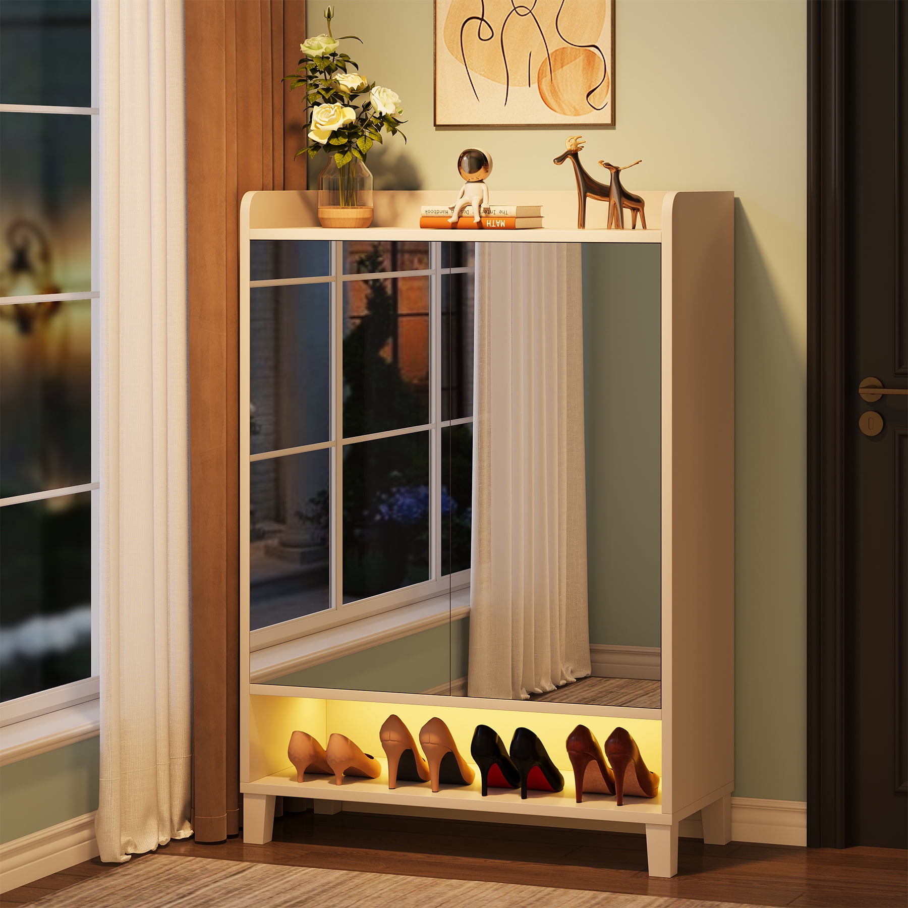 Condemo Shoe Cabinet with Mirrored Door, 7-Tier Shoe Storage