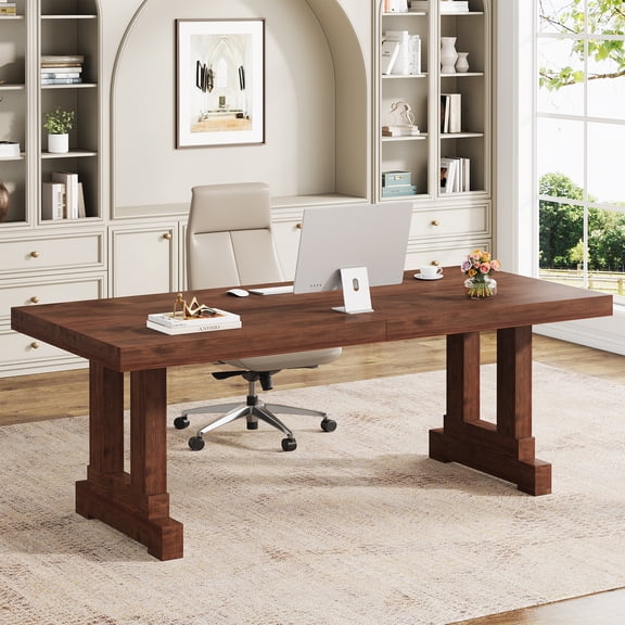 Condemo Solid Wood Computer Desk 63inches, Home Office Desk with Sturdy Wood Legs, Farmhouse Workstations Writing Table, Dark Brown