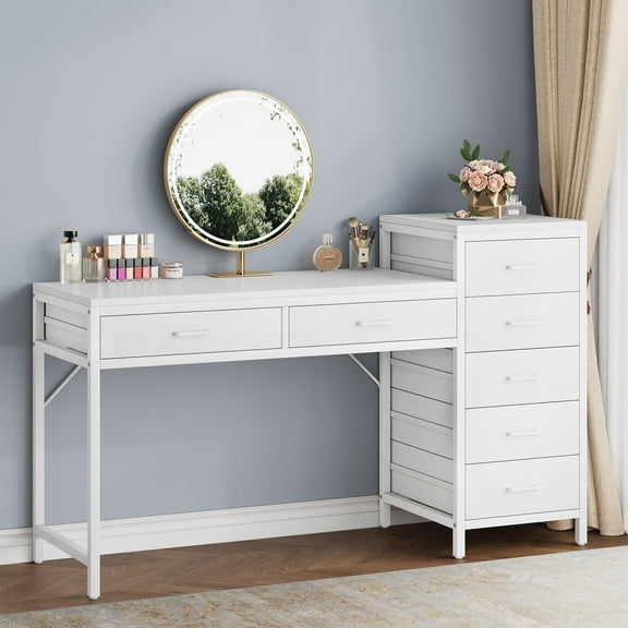 Condemo Vanity Desk with Reversible Drawer, 55 inch Makeup Vanity Table with 7 Drawers, Make Up Vanities for Women, Girls, All White (Without Mirror)