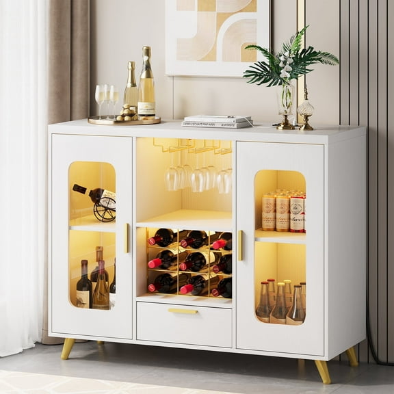 Condemo Wine Bar Cabinet with LED Light & Power Outlet, Liquor Cabinet with Wine Rack and Glass Holder for Dining Room, Living Room, Kitchen, White