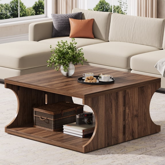 Condemo Wood Square Coffee Table for Living Room, 31.5'' Modern Farmhouse Cocktail Center Table with Shelf, 2-Tier Tea Table for Home & Home Office, Dark Brown