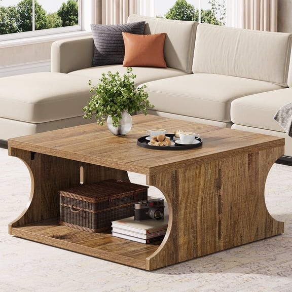 Condemo Wood Square Coffee Table for Living Room, 31.5'' Modern Farmhouse Cocktail Center Table with Shelf, 2-Tier Tea Table for Home & Home Office, Rustic Brown