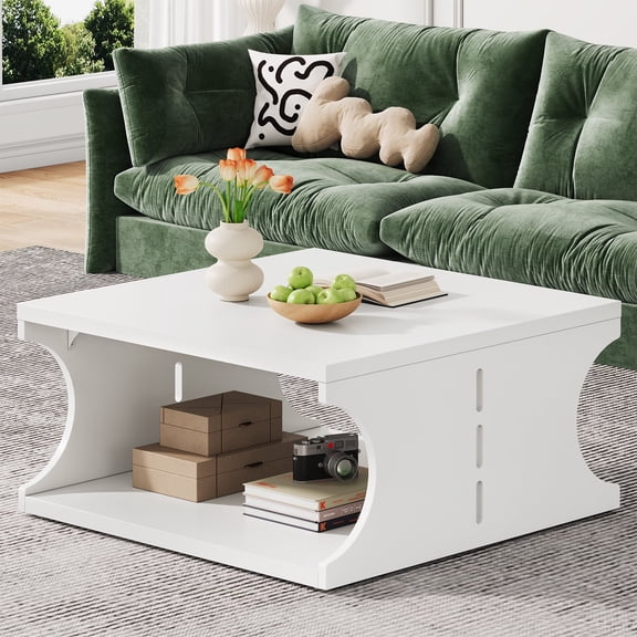 Condemo Wood Square Coffee Table for Living Room, Modern Cocktail Center Table with Shelf, 2-Tier Tea Table for Home & Home Office, Cream White