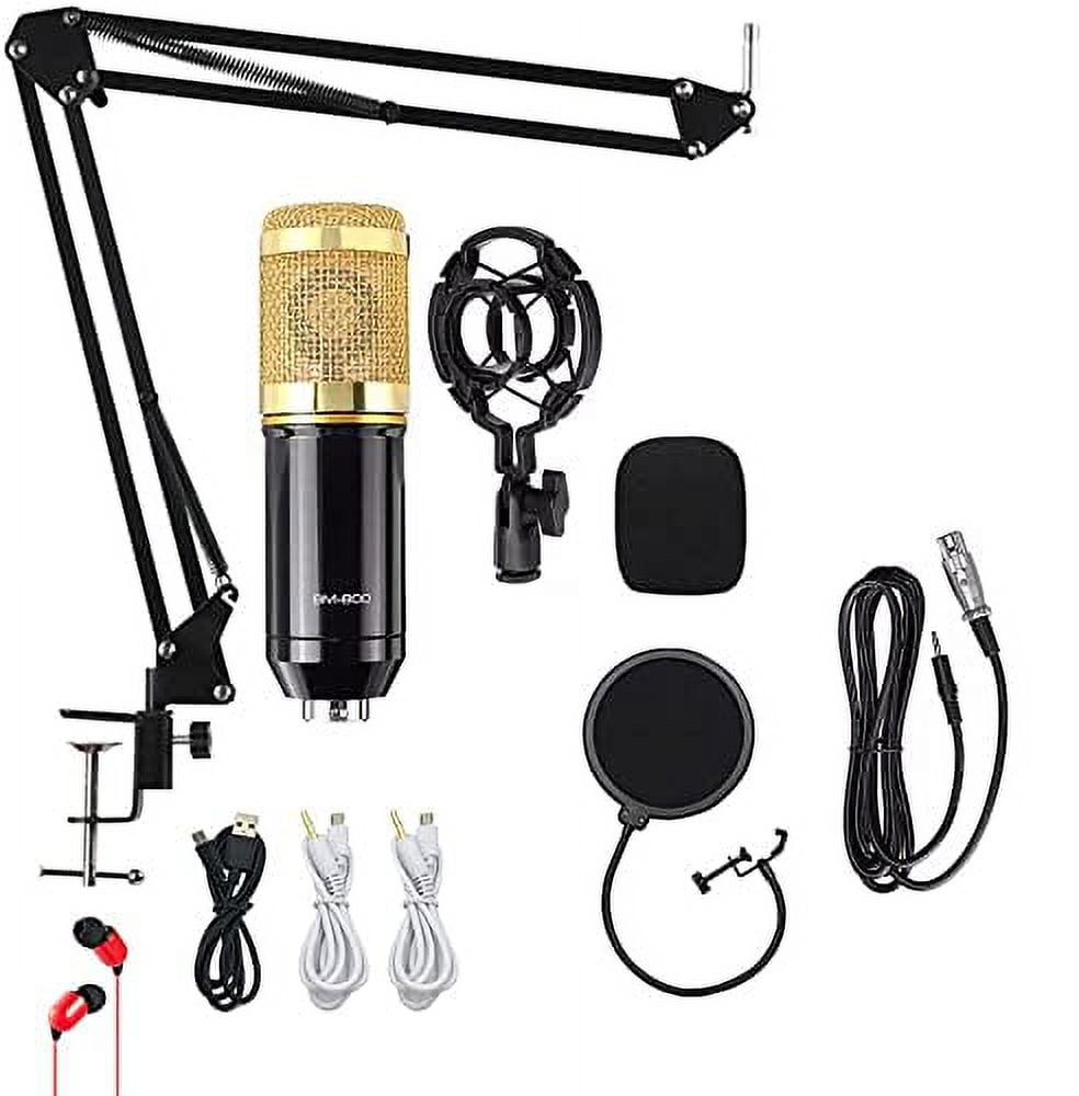 Condenser Microphone Bundle with Live Sound Card - BM-800 Mic Kit with Adjustable Mic Suspension Scissor Arm Stand - Broadcasting Metal Shock Mount, Double Layer Pop Filter for Studio Recording
