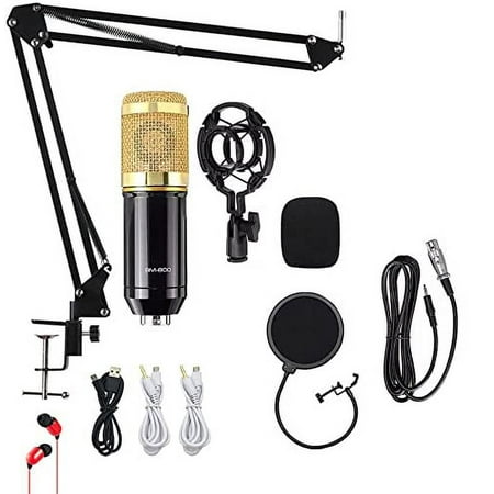 Condenser Microphone Bundle with Live Sound Card - BM-800 Mic Kit with Adjustable Mic Suspension Scissor Arm Stand - Broadcasting Metal Shock Mount, Double Layer Pop Filter for Studio Recording