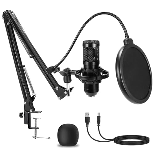 Condenser Microphone,Professional USB Microphone Plug & Play PC Computer Microphone Condenser Cardioid Mic Kit with Adjustable Boom Arm Stand Shock Mount,for Podcast,Streaming,YouTube，Tiktok