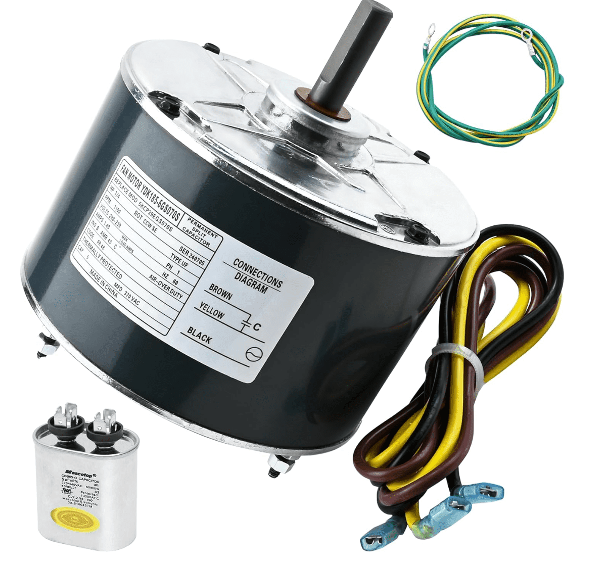 Condenser Fan Motor, 1/4 HP 1100 RPM with Capacitor, Replaces Carrier 5KCP39EGS070S HC39GE237 5KCP39EGY823S, Genteq GE3905, Dayton 6DLL0, Bryant Payne HC39GE234A