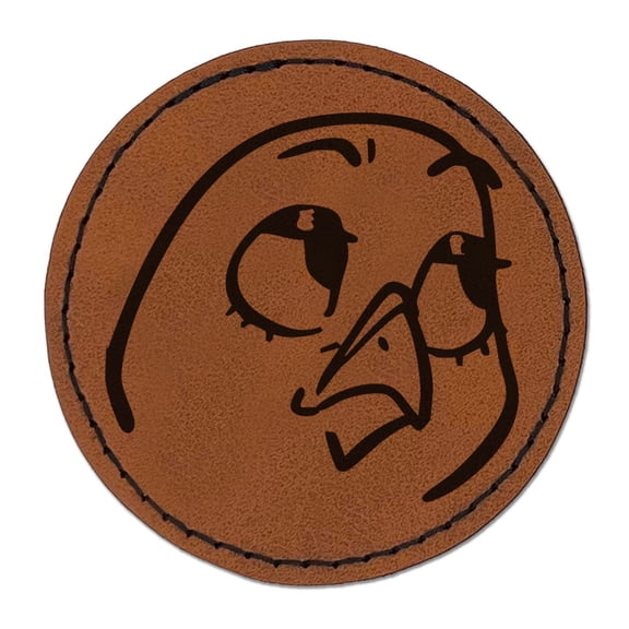 Condescending Look Bird Reaction Doubtful Round Iron-On Engraved Faux Leather Patch Applique - 2.5 Inch - Brown