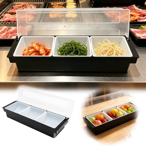 Condiment Caddy 19.49 x 6.3 x 3.74 Inch, Durable Bar Caddy with 3 Removable Compartments Built In Lid, Black Condiment Holder for Restaurant Store Garnish