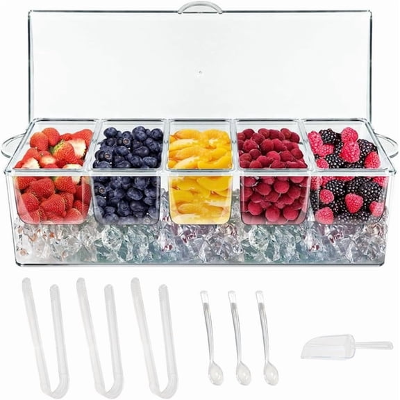 Condiment Containers Server with Lid,Ice Tray,Condiment Organizer,Chilled ,Bar Garnish Holder Ice,Dispenser,Salad Platter for Parties and Restaurants, White