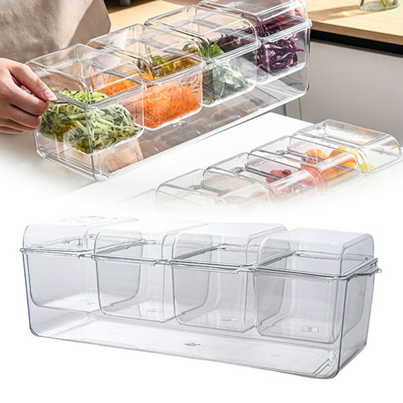 Condiment Cooler Set with 4 Containers, Individual Serving Spoons with Lids, Bar Accessory Tray, Removable Plate, Fruit Salad Dish, Party Decoration