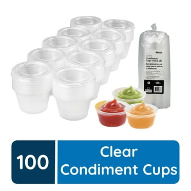 Condiment Cups with Lids, 100 Sets: 2 oz Disposable Small Plastic Containers for Salad Dressings, Sauce and Jello Shots