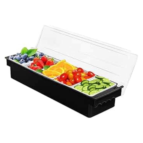 Condiment Dispenser 5-Grid - Bar Top Garnish Tray with Lid - Chilled Food Caddy for Taco, Fruit, Salad Bars - Plastic Serving Organizer (Black)
