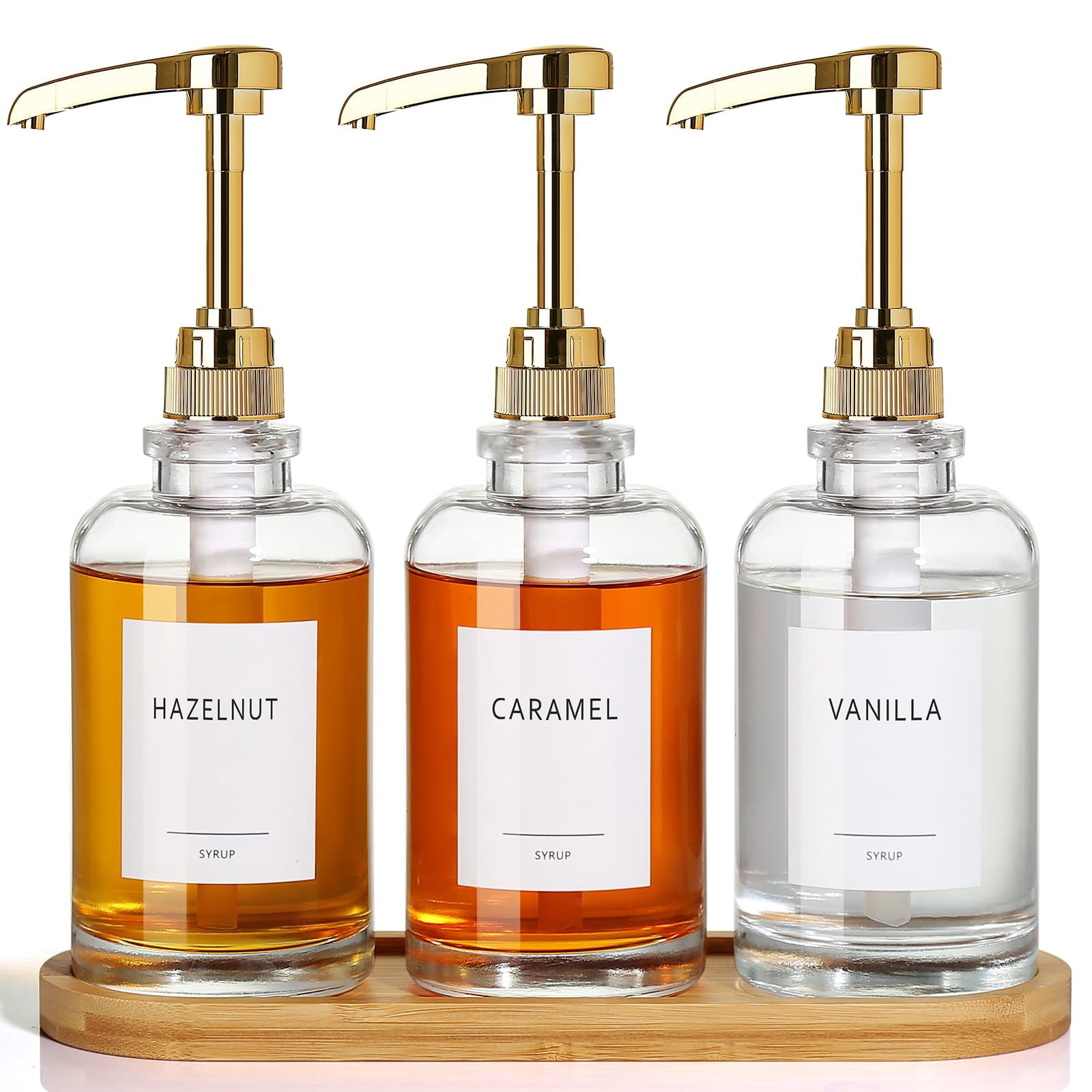 Condiment Dispensers Gold Set of 3, Glass Pump with Tray for Coffee Syrup