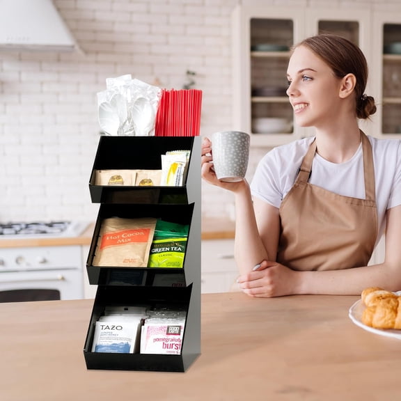 Condiment Holder Stand - 3 Tier Compartment for Condiments, Sauce Packets, and Coffee Station Organizer for Bar, Restaurant, Cafe, Home - Black Acrylic Caddy Storage Rack