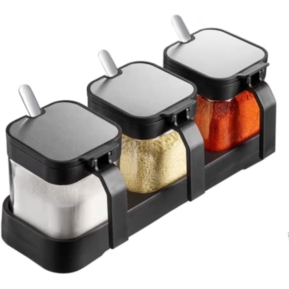 Condiment Jar Spice Container with Lids and Spoons, 10oz Clear Glass Condiment Jars Set of 3, Pots Seasoning Box Salt Container Sugar Bowl for Kitchen, Food Storage Black