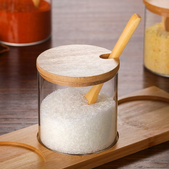 Condiment Jars Set Clear Glass Condiment Pot Set with Lids Spoons and Bamboo Tray Dust-Proof Seasoning Spice Container Multipurpose Condiment Container for Salt Sugar Pepper