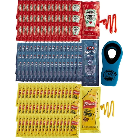 Condiment Packets - 150 Total Packets / 50 Count of each - Heinz Ketchup, French's Mustard, & Kraft Mayo - with CMC Products Bag Clip