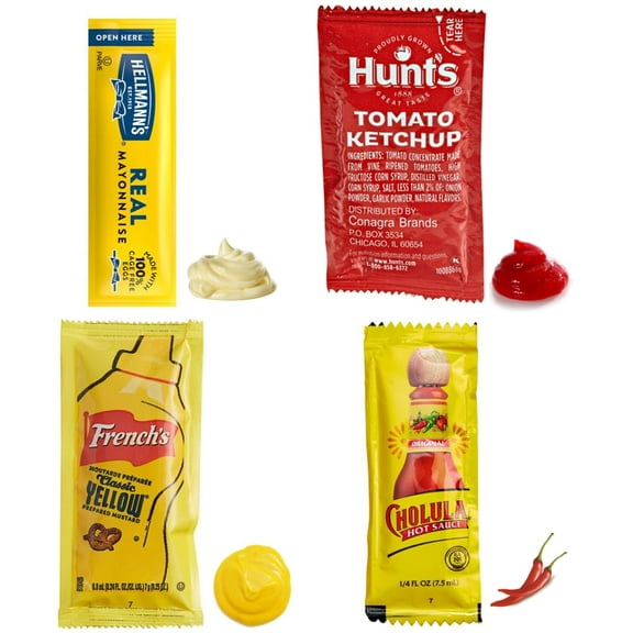 Condiment Packets Variety Pack - 25 of Each: Ketchup, Mustard, Mayo, and Cholula hot sauce - (100pc) Great for picnic, party, BBQ, lunch box. Packed by flavor