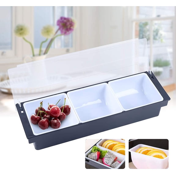 Condiment Server, Condiment Dispenser Tray with Hinged Cover,Strip Fruit Box Three Trays for Restaurant Buffet and Bar Picnic Refrigerator Barbecue Summer Carnival, Black + White