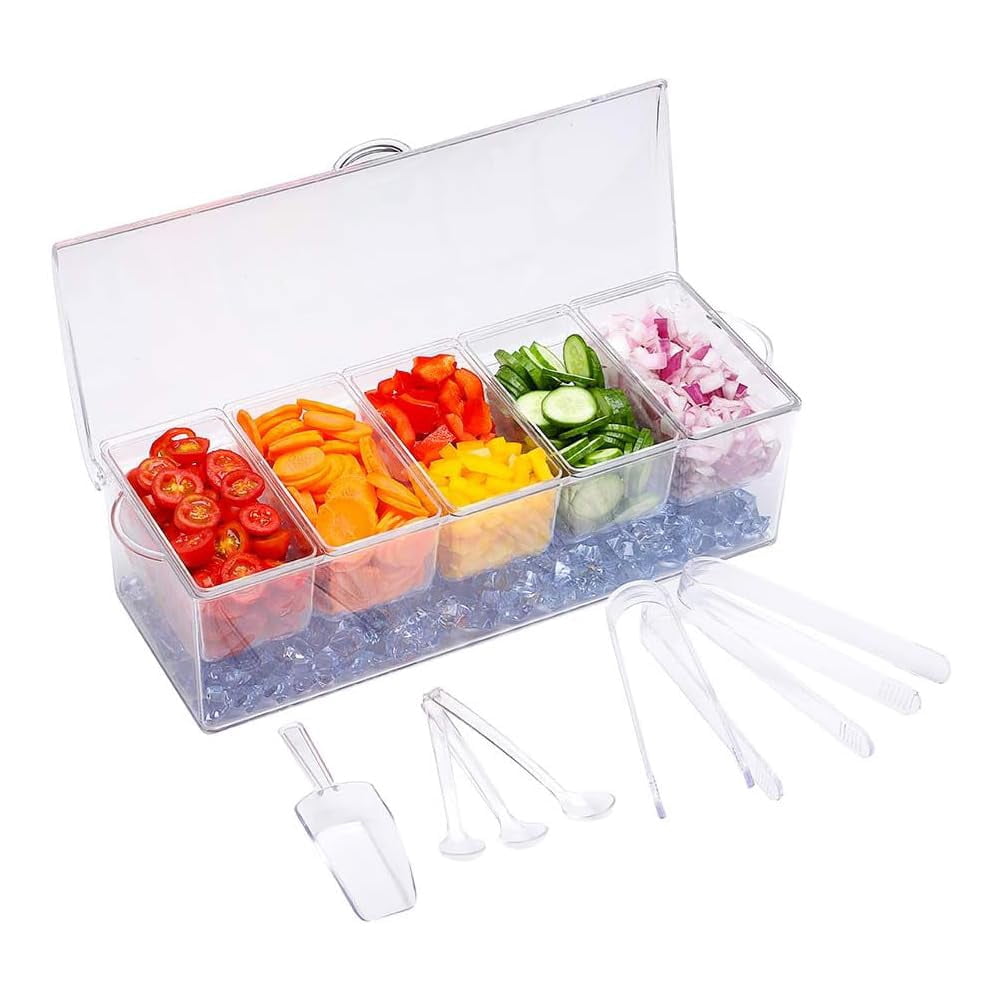 Condiment Server Tray with Lid, 5 Compartment Chilled Garnish Holder