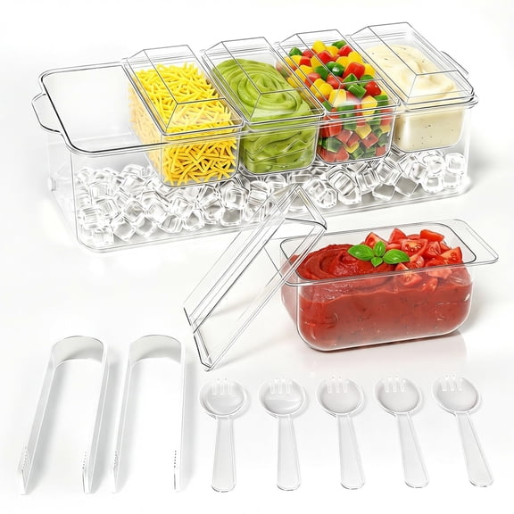 Condiment Chilled Server with Removable Trays and Lids, 5 Spoons & 2 Tongs
