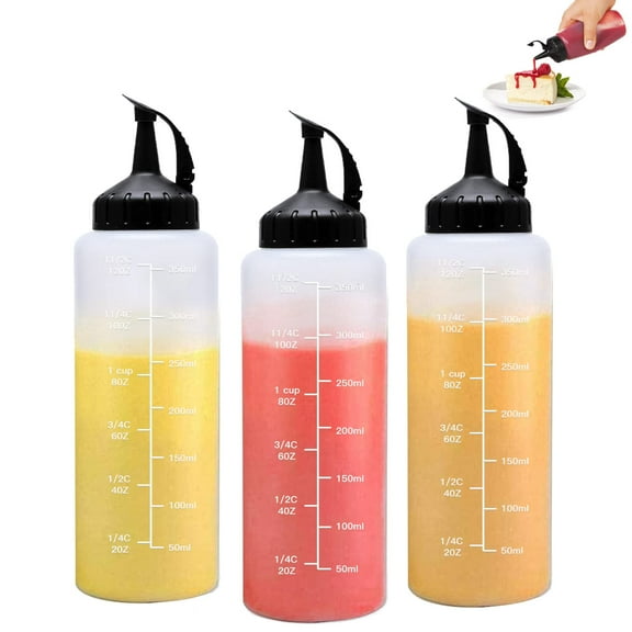 Condiment Squeeze Bottle Set Plastic with Black Caps, Refillable 12 oz with Mouth - for Sauces, Paint,Oil, Condiments,Salad Dressings