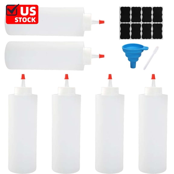 Condiment Squeeze Bottles (6PCS)  for Sauces - Includes Funnel, Erasable Marker & Reusable Labels, Perfect for Salad Dressings, Liquids, and Ketchup, Durable Plastic 16 oz Bottles