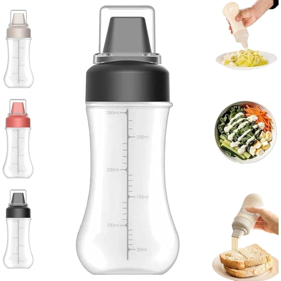 Condiment Squeeze Spray Bottle, Dust-Proof Cover & Removable Labels, Measurable 5-Holes Squeeze Condiment Dispenser Bottle for Even Spray Cooking Ketchup, Mustard, Salad Dressing (Black,1Pcs)